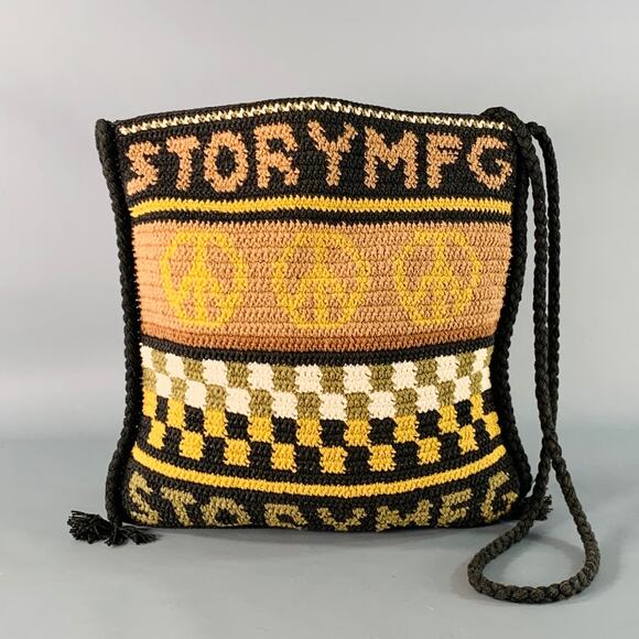 STORY MFG. Black Beige Crochet Cotton Logo Mixed Patterns Crossbody Bag - Picture 1 of 5